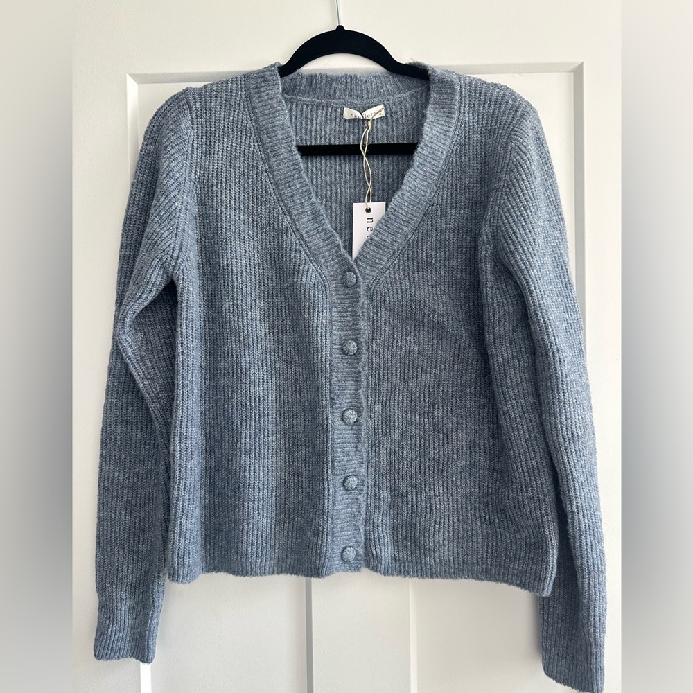 Neuflora Blue Knit Ruffle Cardigan, size medium